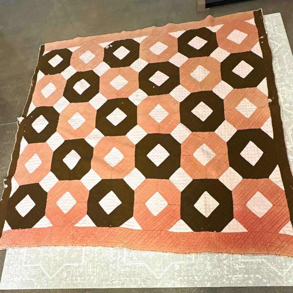 Vintage Geometric Patchwork Quilt Pink Brown White Cotton Reversible 67 x69